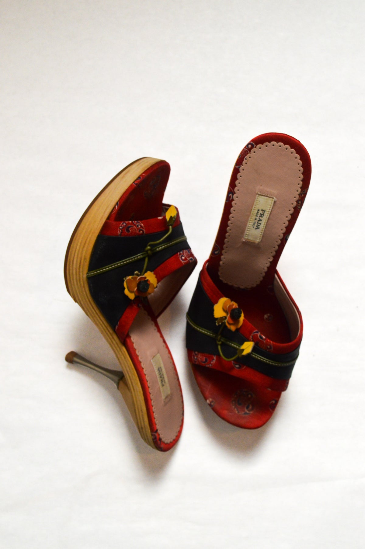 Prada Red and Black Fabric Patent Leather Clogs