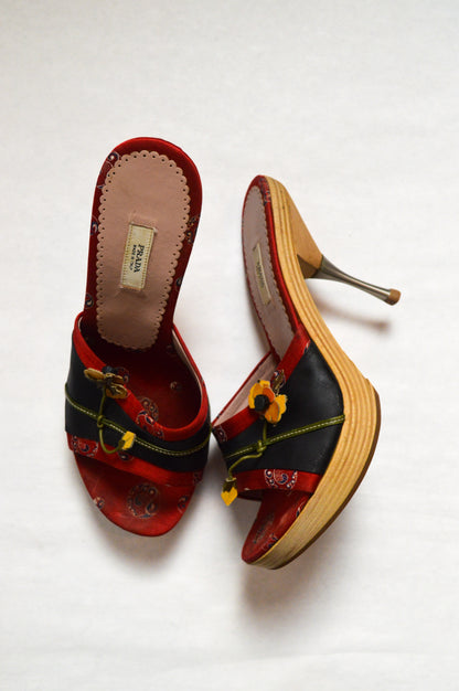 Prada Red and Black Fabric Patent Leather Clogs
